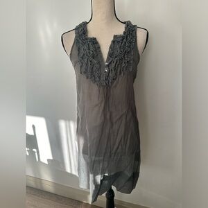 Lapis long tunic blouse ruffled  front gray, sheer material SZ S